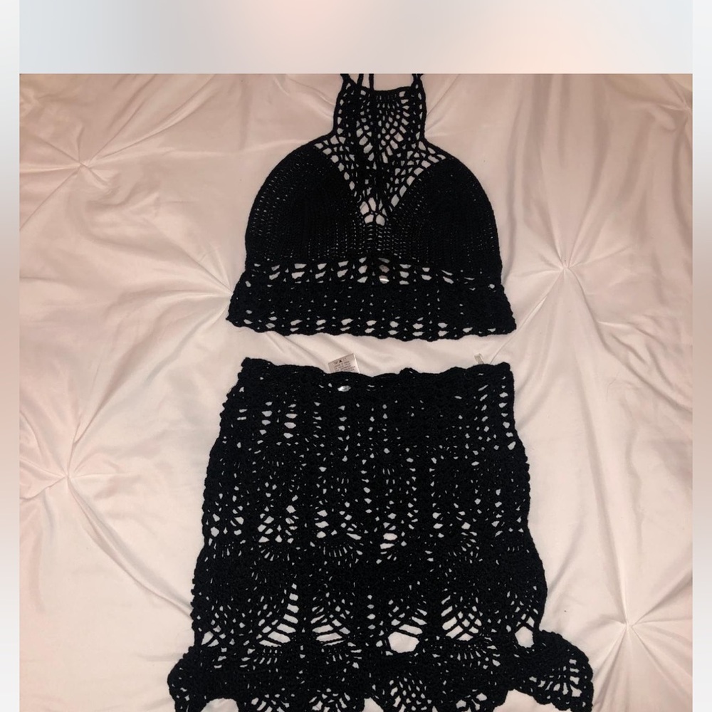 Fashionova Black Crochet Two-Piece Set - Halter Crop Top & Skirt cover up